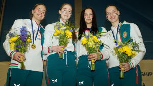 Az U23-as Eb-győztes csapat (balról: Spiesz Anna, Keszei Kíra, Szűcs Luca és Battai Sugár) Forrás: hunfencing.hu